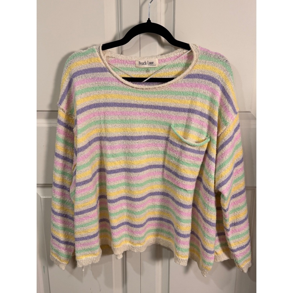 Peach Love California Pastel Rainbow Stripe Knit Sweater Chest Pocket Slouchy L